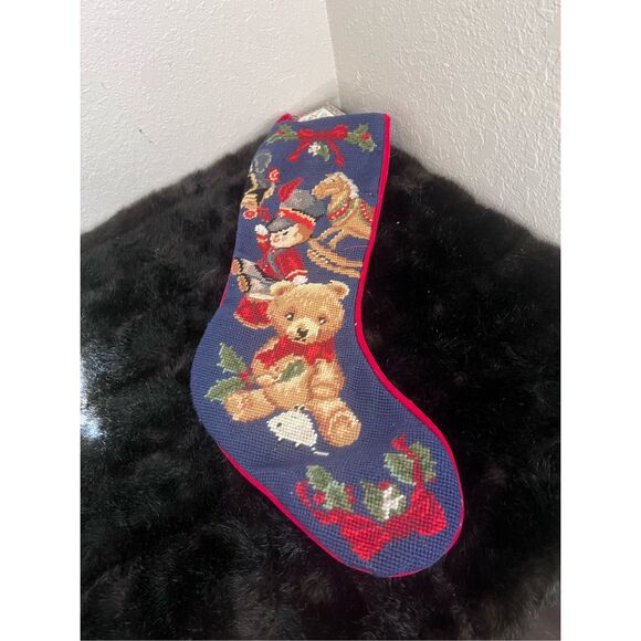 New Needlepoint Embroidered Christmas Stocking Bear/Rocking/Horse/Velvet - Picture 1 of 5